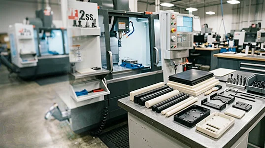 ABS plastic stock and CNC machined ABS parts on a clean workbench