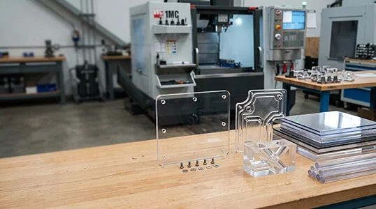 Clear polycarbonate (PC) stock and CNC machined transparent parts on a clean workbench