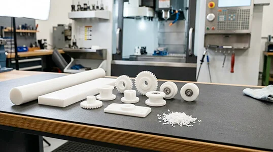Delrin POM acetal CNC machined parts and stock on a clean workbench