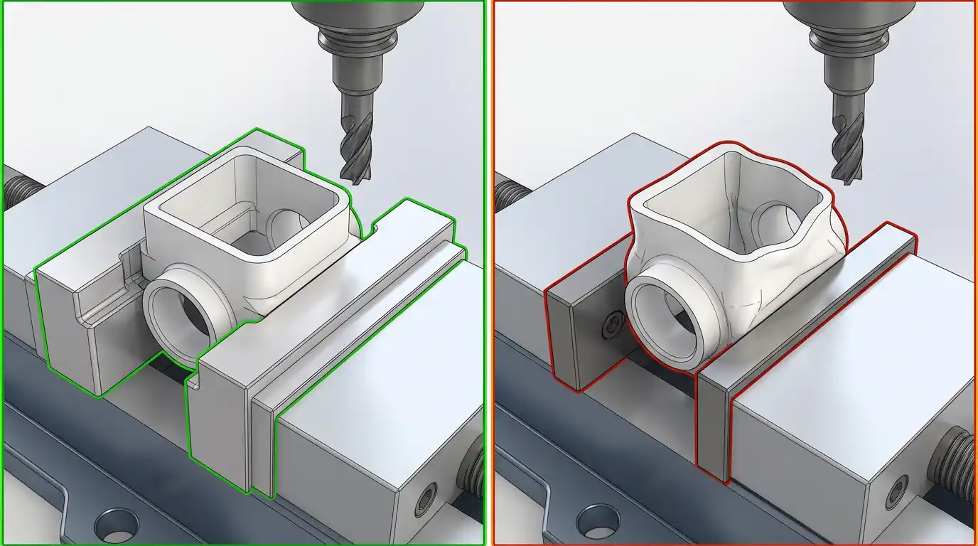 PTFE DFM diagram showing soft jaws, full support, staged roughing and finishing to prevent deformation, no people