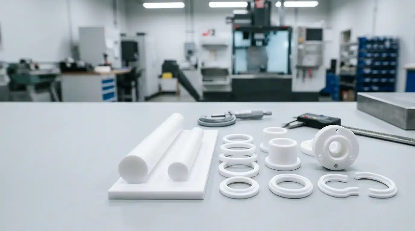 PTFE (Teflon) white fluoropolymer stock and CNC machined low friction plastic parts on a clean inspection bench, no people
