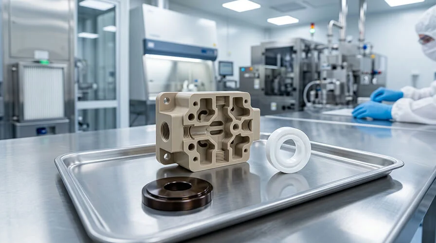 High purity CNC machined plastic components for semiconductor and chemical handling applications