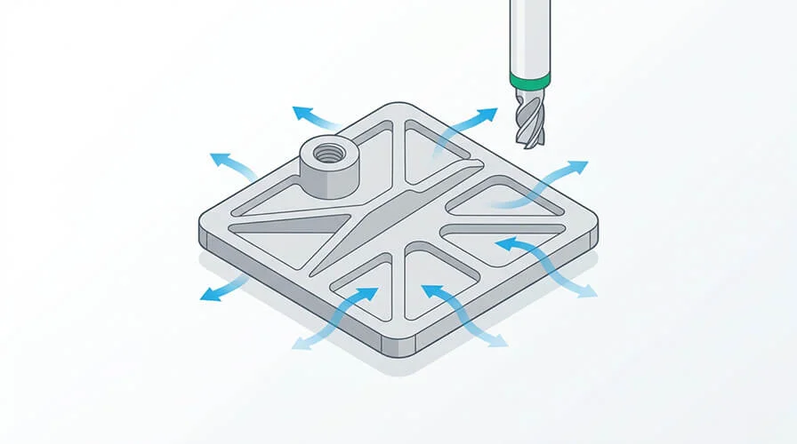 DFM illustration for machining high-performance plastics showing radii, ribs, inserts and balanced pocketing