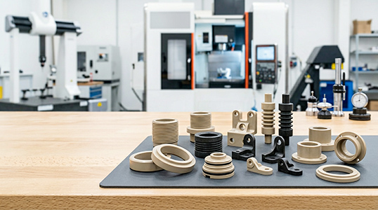 CNC machined PEEK parts on a clean bench