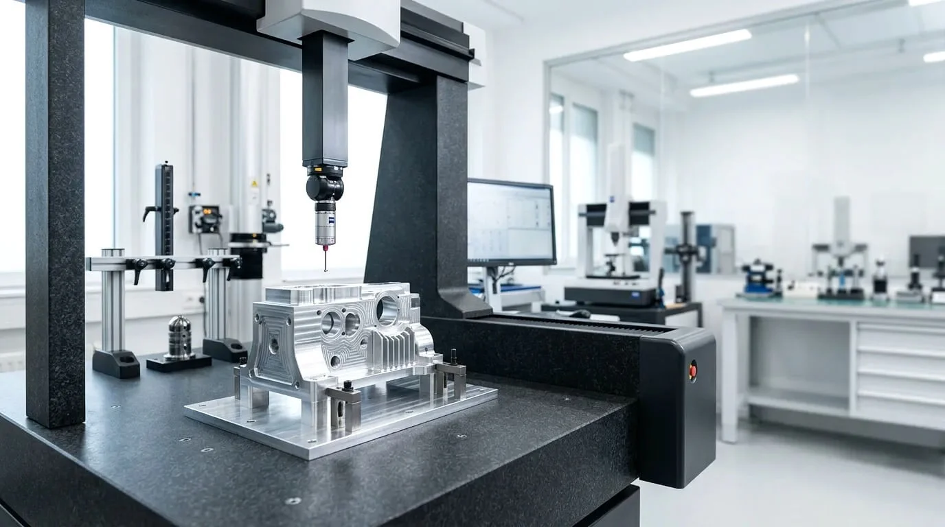 CMM inspection of a CNC machined part in a metrology lab