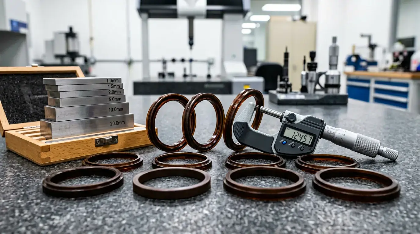 CNC machined polyimide seal rings and backup rings on an inspection table, no people