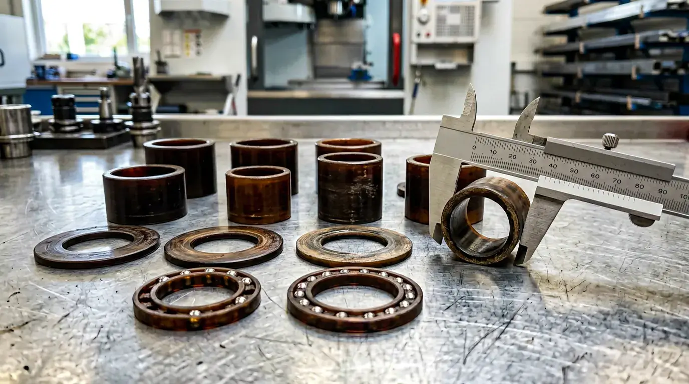 CNC machined polyimide bushings and thrust washers arranged with metrology tools, no people
