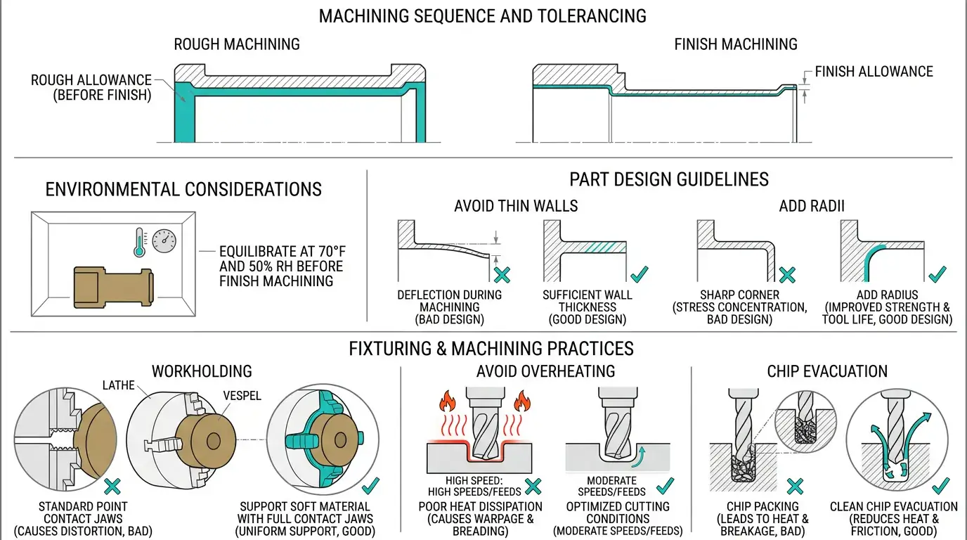 Polyimide Vespel CNC machining DFM diagram with rough-then-finish and conditioning notes, no people
