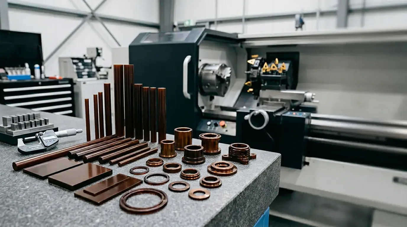 Polyimide (Vespel-like) stock and CNC machined high temperature plastic parts on a clean workbench, no people