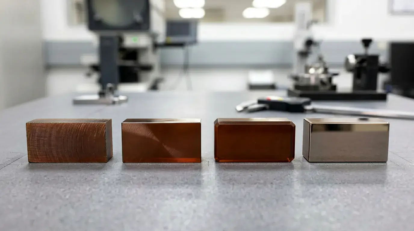 Polyimide CNC machining surface finish samples for seal faces and precision edges, no people