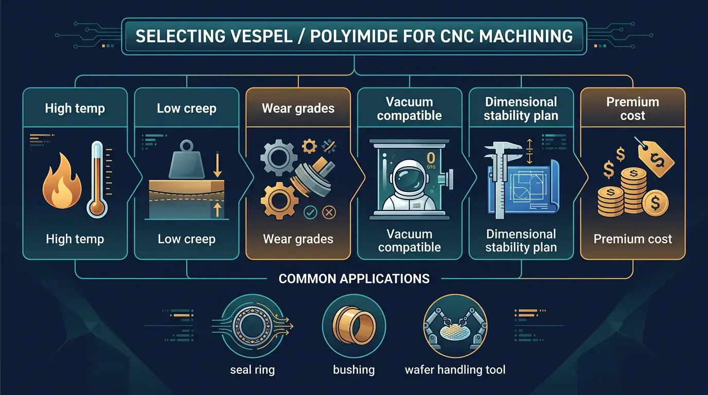 When to choose Vespel polyimide for CNC machining infographic, no people