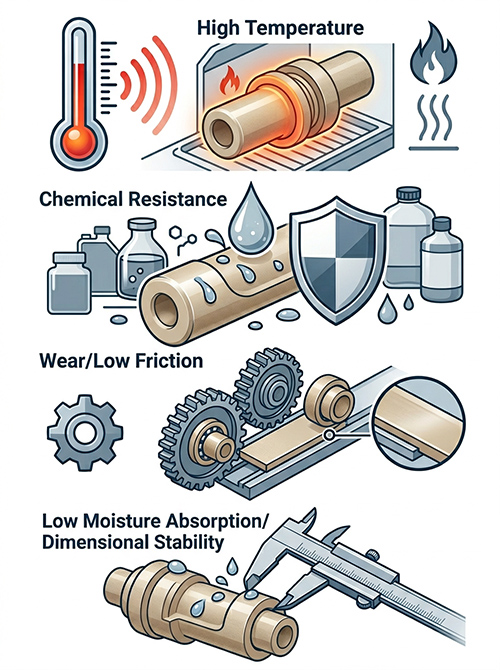 PEEK selection infographic: temperature, chemical resistance, wear, stability