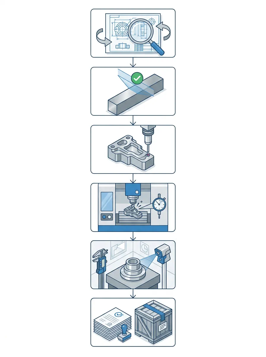 CNC machining quality system flow infographic