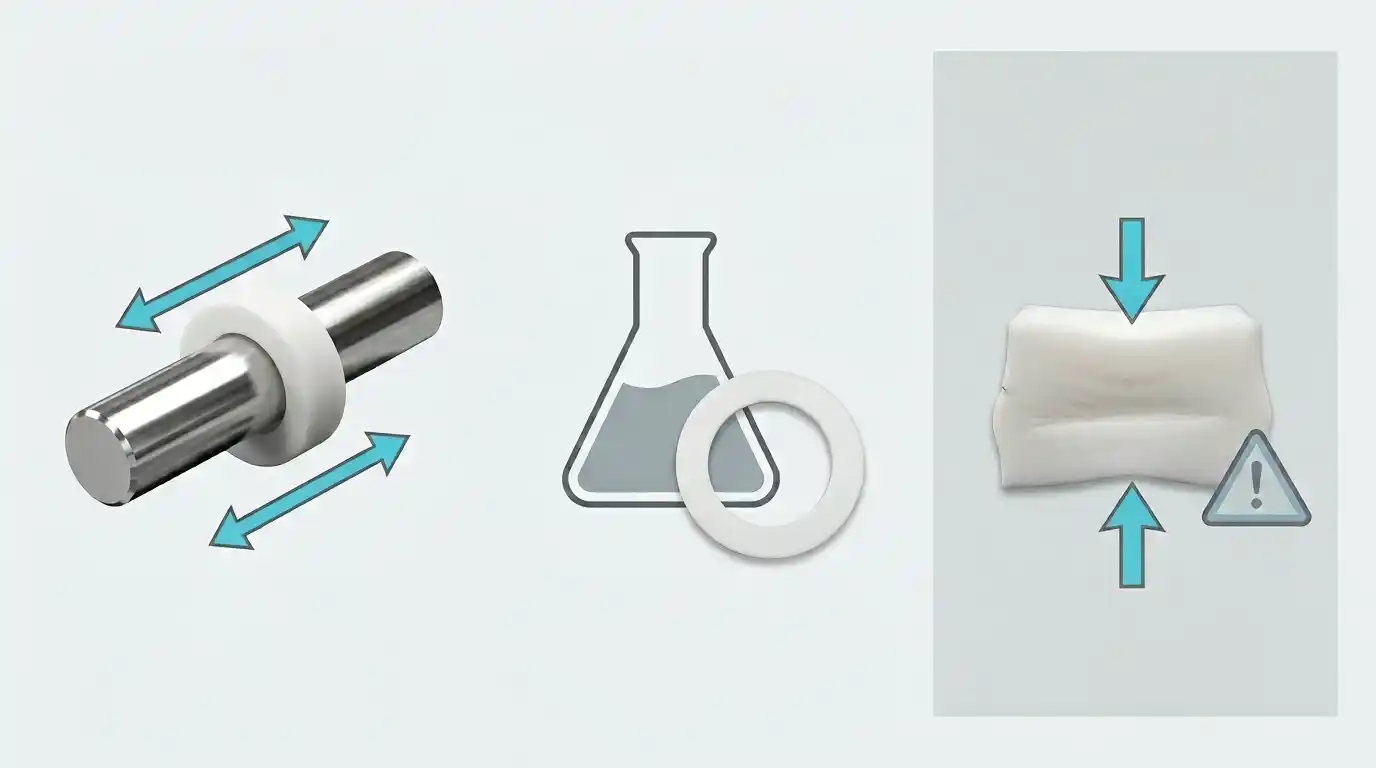 PTFE selection infographic showing low friction, chemical resistance, and creep/thermal expansion tradeoffs, no people