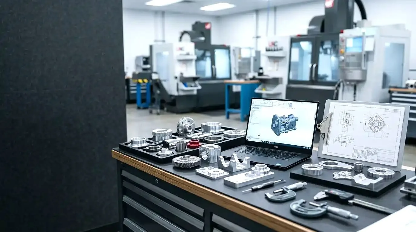 Precision CNC machined parts on inspection bench with CAD and drawing, no people