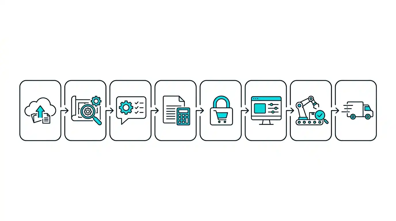 Eight step RFQ timeline from upload to delivery, icons only, no text