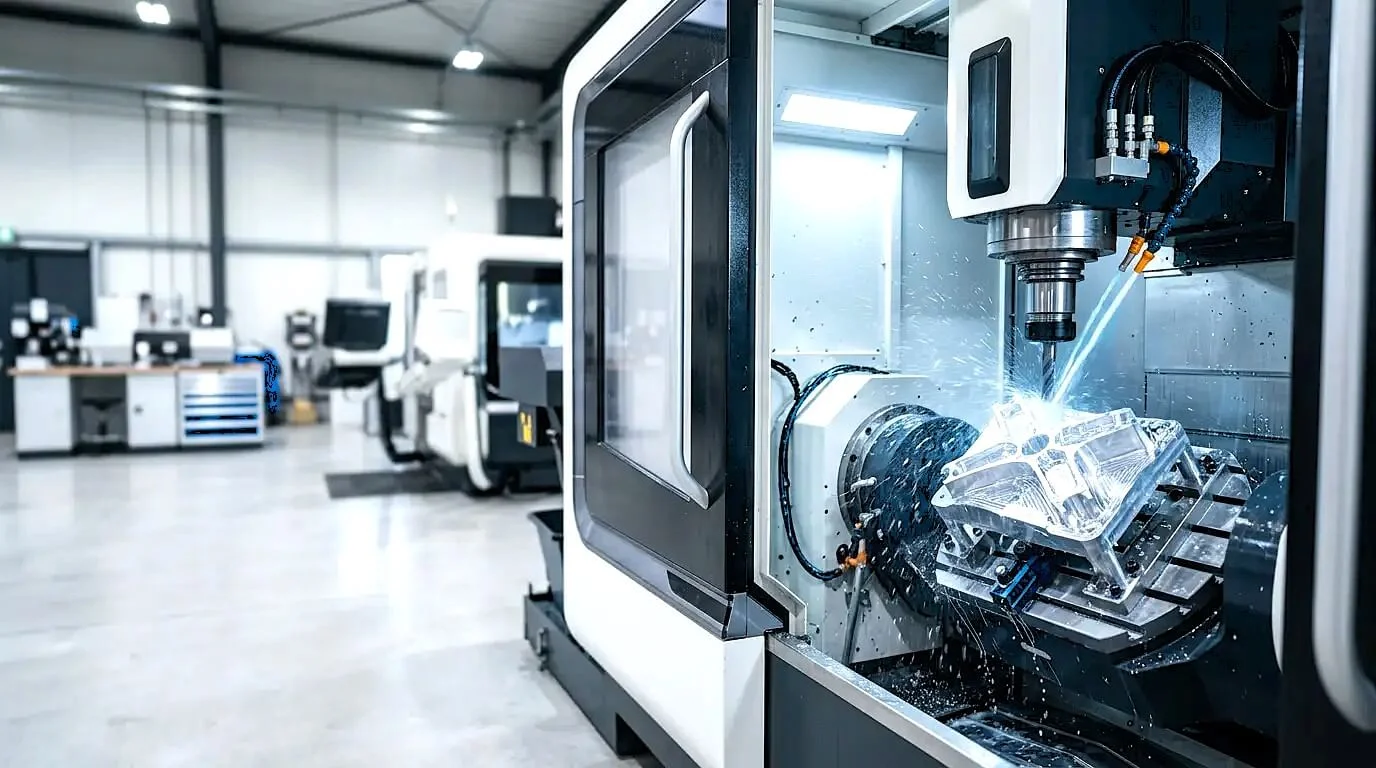 5-axis CNC machining complex part with high-pressure coolant