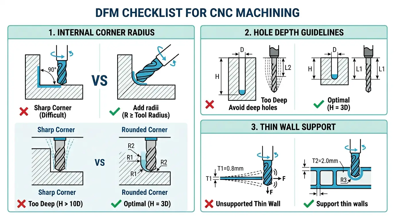 DFM checklist for CNC machining: add radii, avoid deep holes, support thin walls