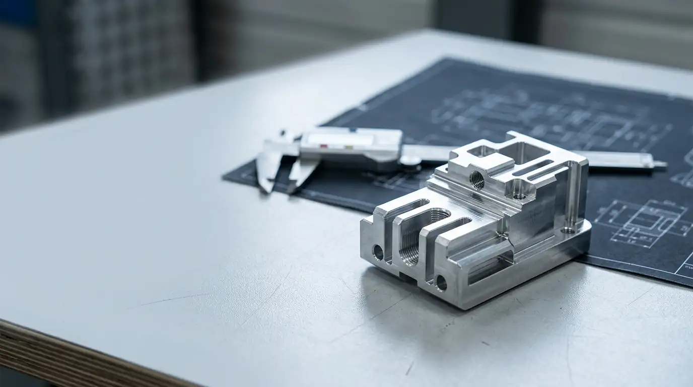 Precision CNC part with blueprint overlay