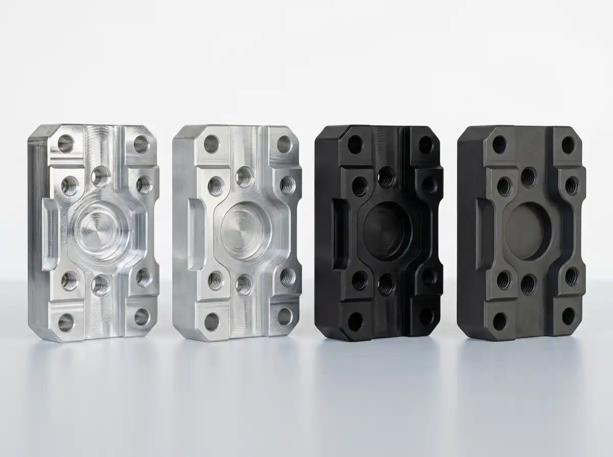 Comparison of machined aluminum parts with as-machined, anodized, and hardcoat anodized finishes