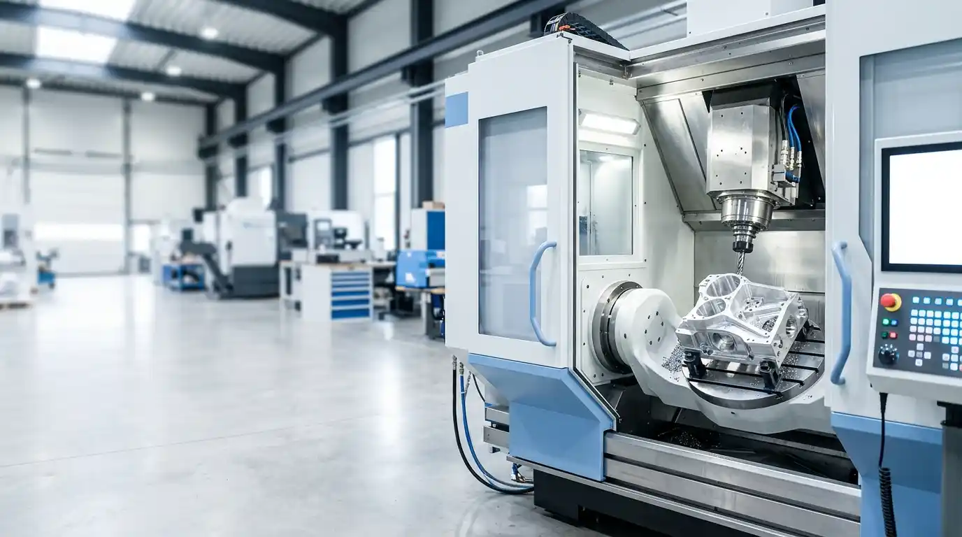 Premium 5-axis precision CNC machining center producing a complex metal component