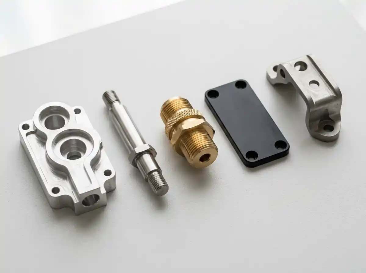 Set of custom CNC machined aluminum, steel, brass, black anodized, and titanium parts