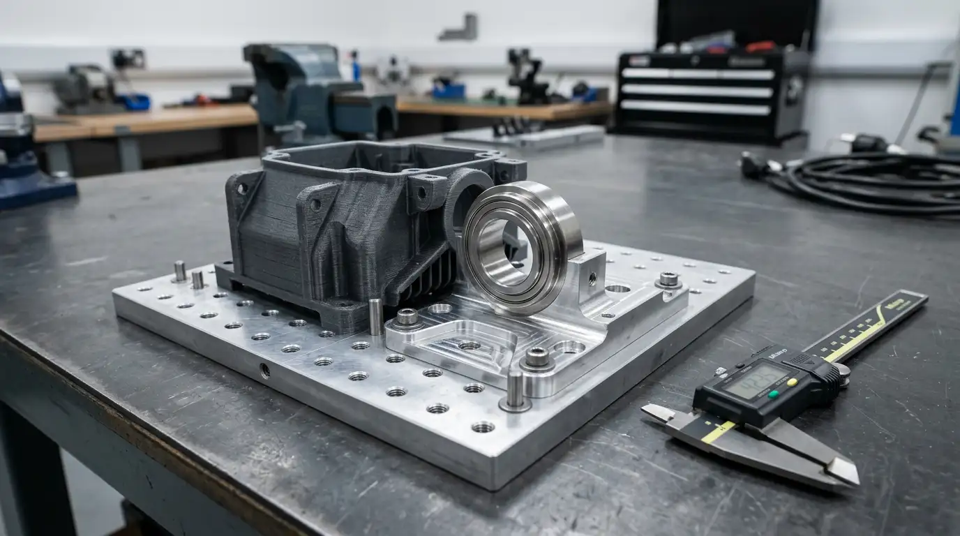 Hybrid build using 3D printing plus CNC-machined critical interfaces