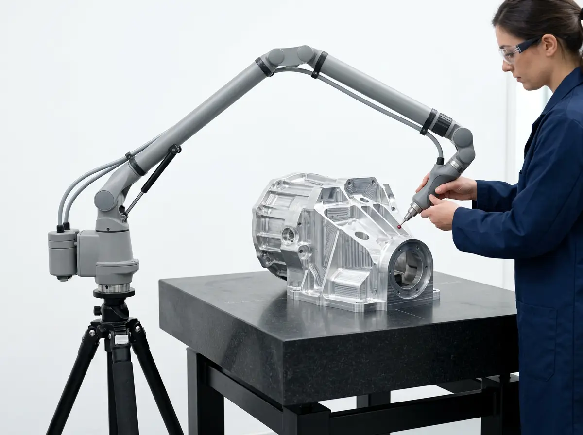 Large machined part being measured with an articulated measuring arm