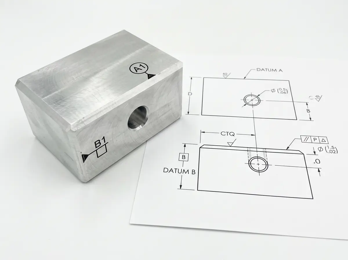 GD&T Callouts and CTQ Features on Technical Drawing
