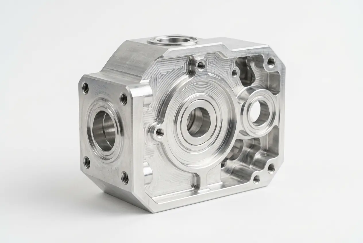 Precision CNC machined housing on white background