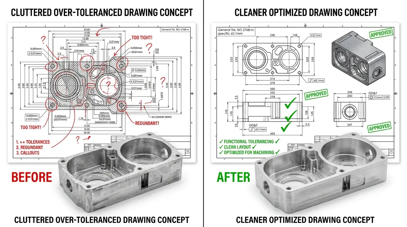 Before and after drawing optimization case for ISO 2768 CNC machining