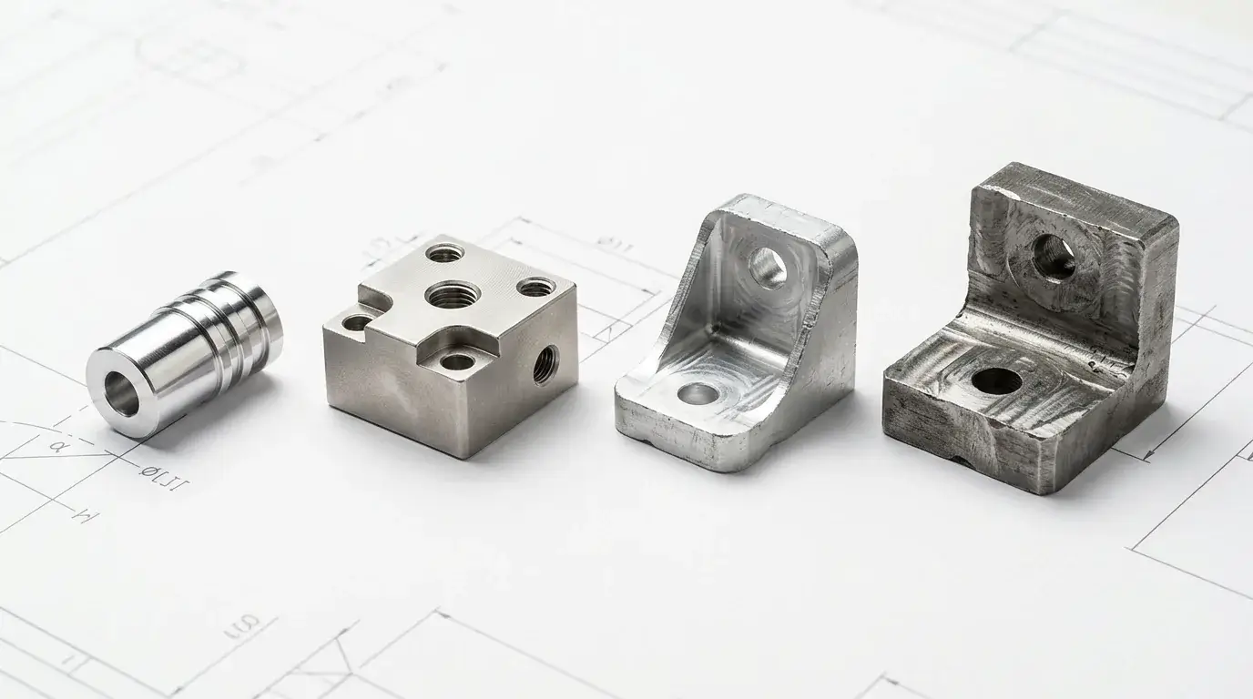 Four machined sample parts representing ISO 2768 tolerance class differences
