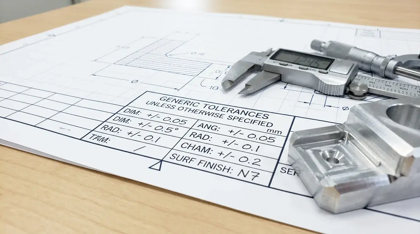 Technical drawing showing generic tolerance note with measuring tools and machined part