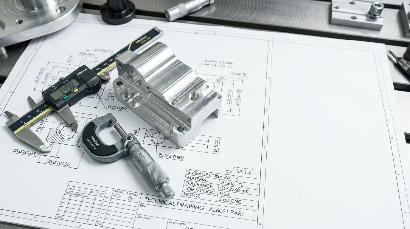 Machined aluminum part with ISO 2768 drawing and precision measuring tools