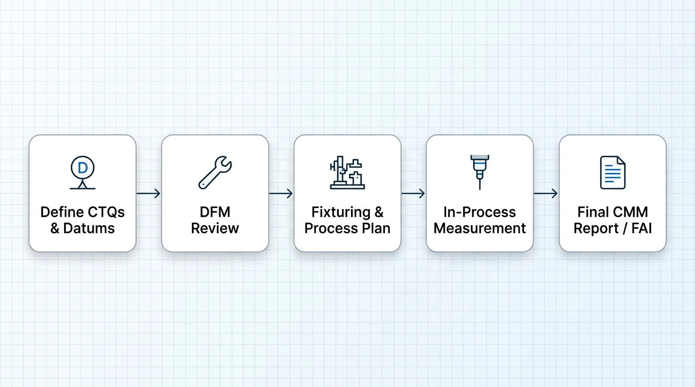 Workflow diagram: CTQs and datums, DFM, process plan, in-process measurement, final CMM/FAI