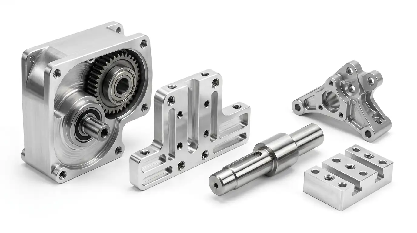 Precision CNC machined gearbox housing, fixture plate, shaft, bracket, and machined block on a white background