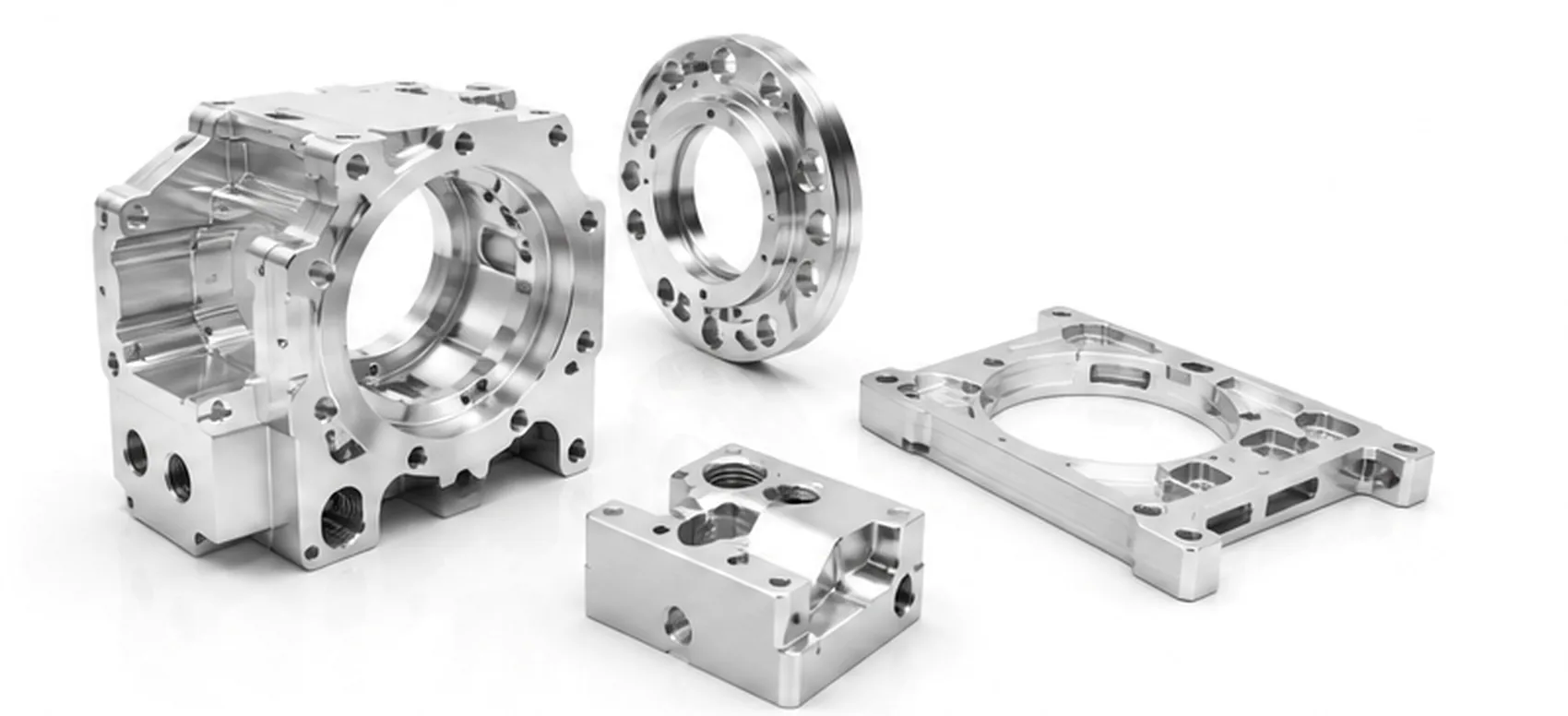 Natural-finish CNC-machined housing, flange, bracket, and interface parts used in an engineering resource case