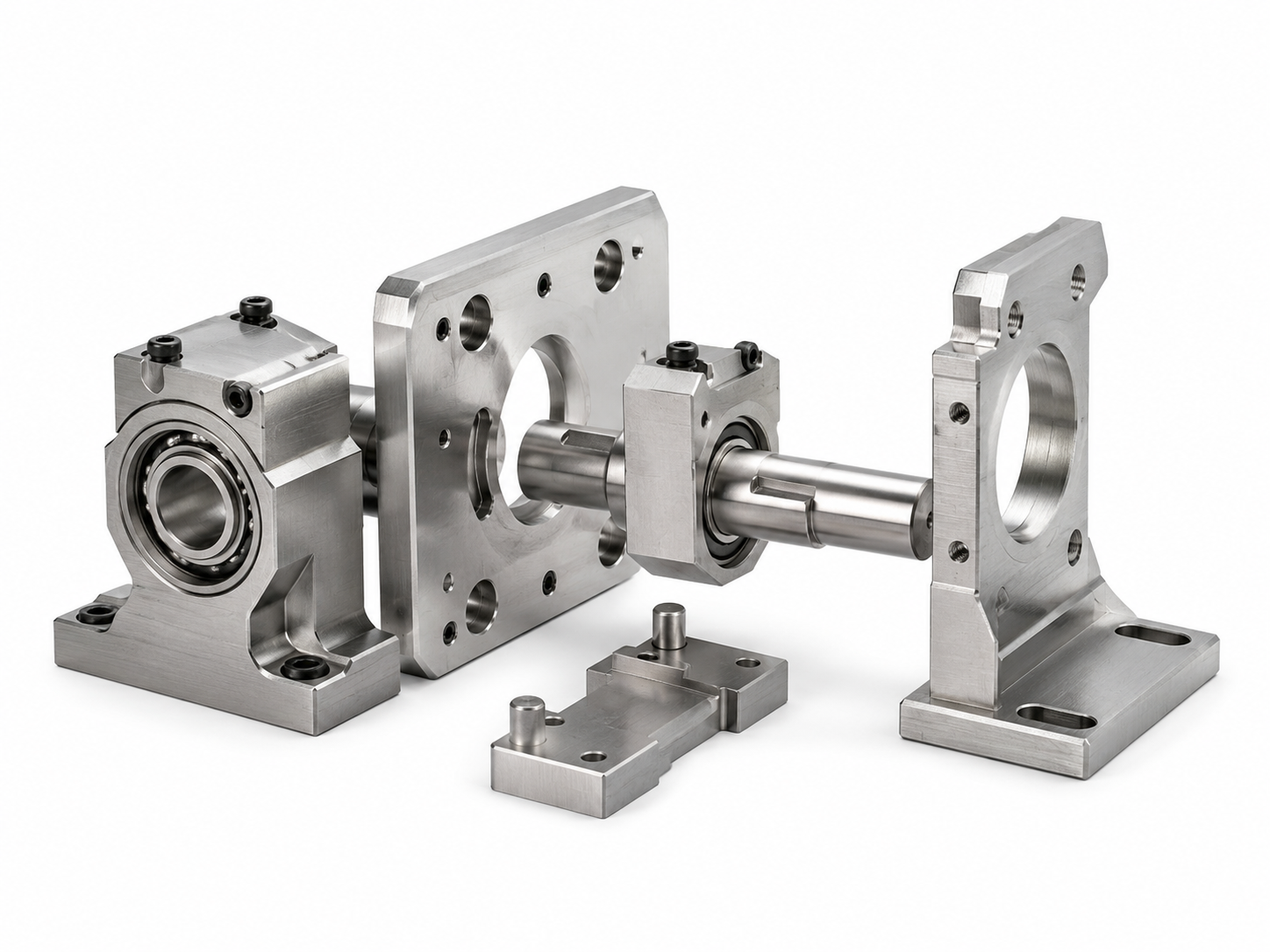 CNC-machined shaft, bearing supports, fixture plates, and automation interface parts assembled to demonstrate datum-controlled alignment